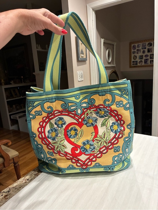 Brighton Handbags - Brighton Canvas Heart Print Tote Bag - Yellow & Turquoise
